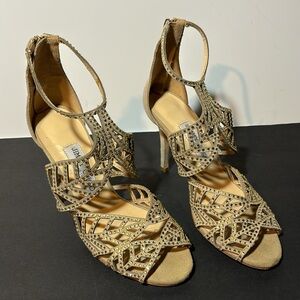 Jimmy Choo Tan Suede Crystal Embellished Kallai Sandal 37.5